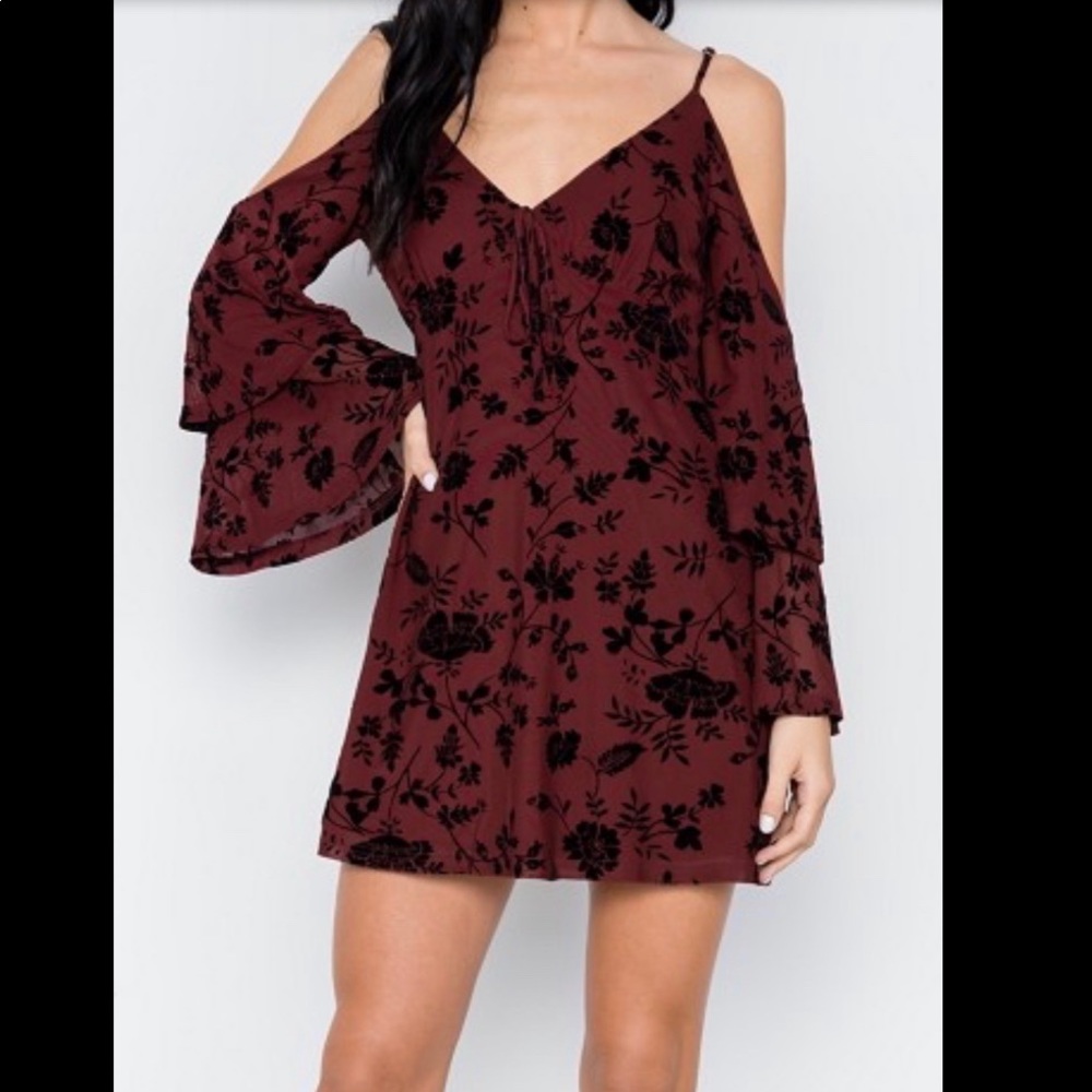Wine colored off the should bell sleeve dress